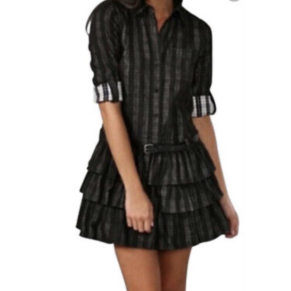 Theory Cacey Black Plaid Tiered Dress in Black & White, Size 6 EXCELLENT $395